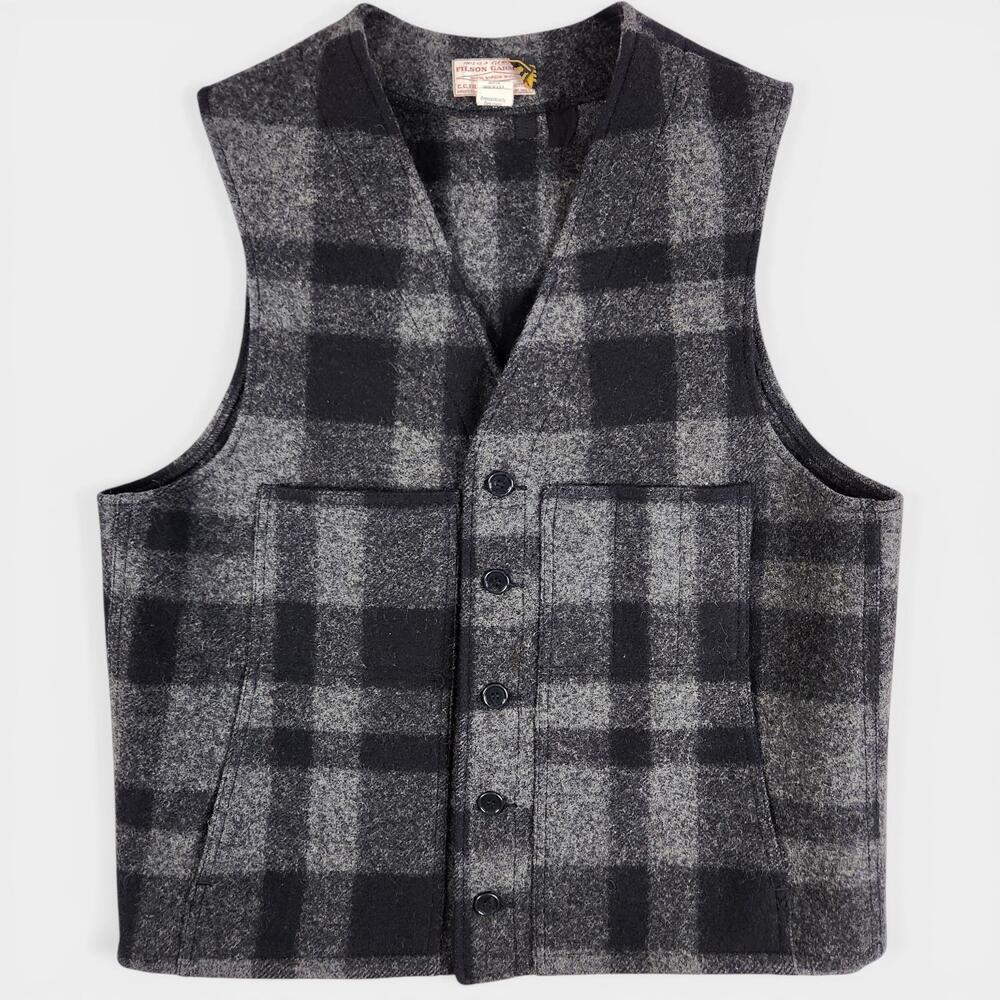 Vintage Filson Mackinaw Wool Vest Mens 46 Black Gray Plaid Outdoor Made in USA
